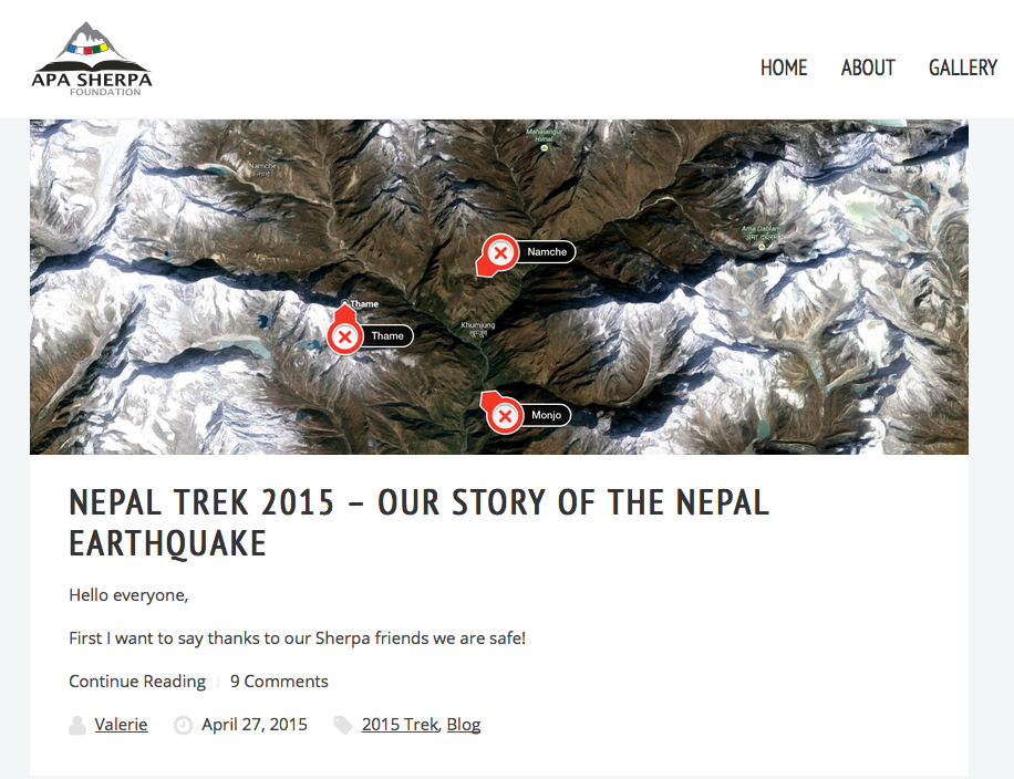 Post on Apa Sherpa Foundation blog two days after a huge earthquake looks like this. 